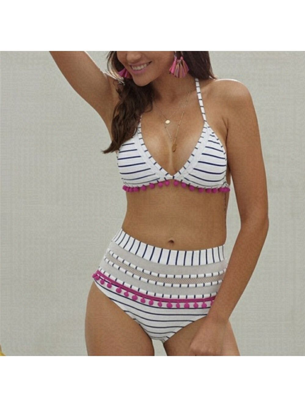TRIBE High Waisted White & Pink 2 Piece Swimsuit Bikini Size Small NWT